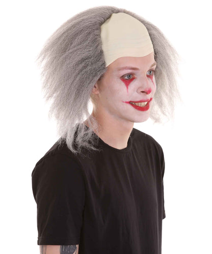 HPO  Men’s Horror Movie Scary Clown Half Bald Wig, Multi Color Option,  Perfect for Halloween, Soft Flame-retardant Synthetic Fiber