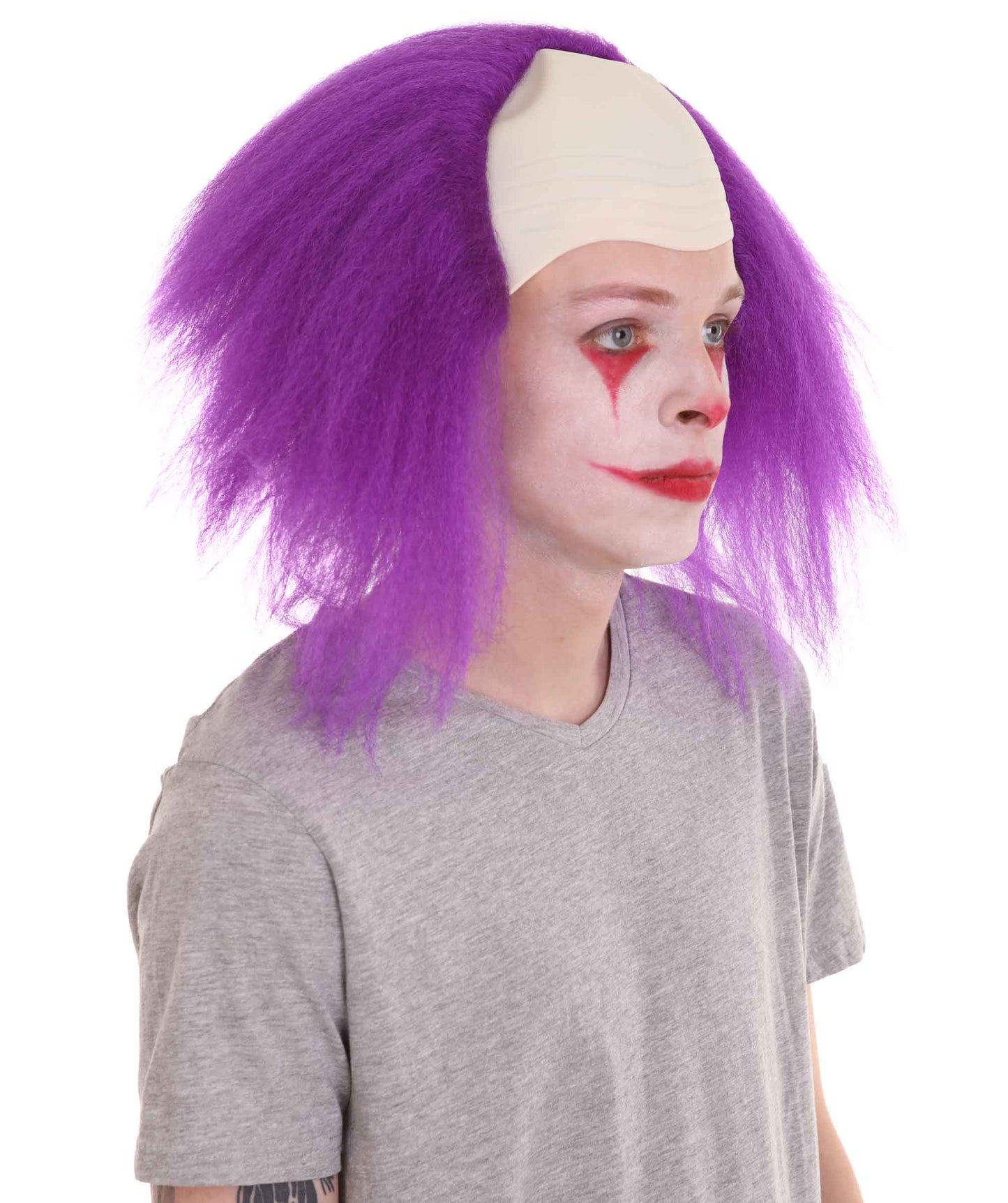 HPO  Men’s Horror Movie Scary Clown Half Bald Wig, Multi Color Option,  Perfect for Halloween, Soft Flame-retardant Synthetic Fiber