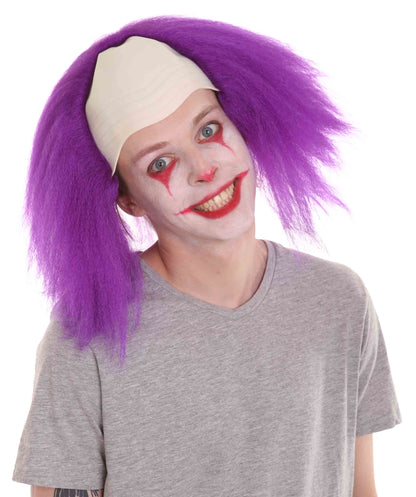 HPO  Men’s Horror Movie Scary Clown Half Bald Wig, Multi Color Option,  Perfect for Halloween, Soft Flame-retardant Synthetic Fiber