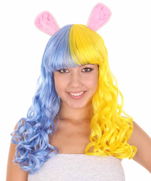HPO Womens Easter Bunny Blue & Yellow long wavy party wig | Colorful Character Wig | Premium Breathable Capless Cap