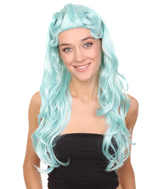 HPO Womens Pale Blue Curly Glamour Siren Wig | Long Curly Halloween Wig | Premium Breathable Capless Cap
