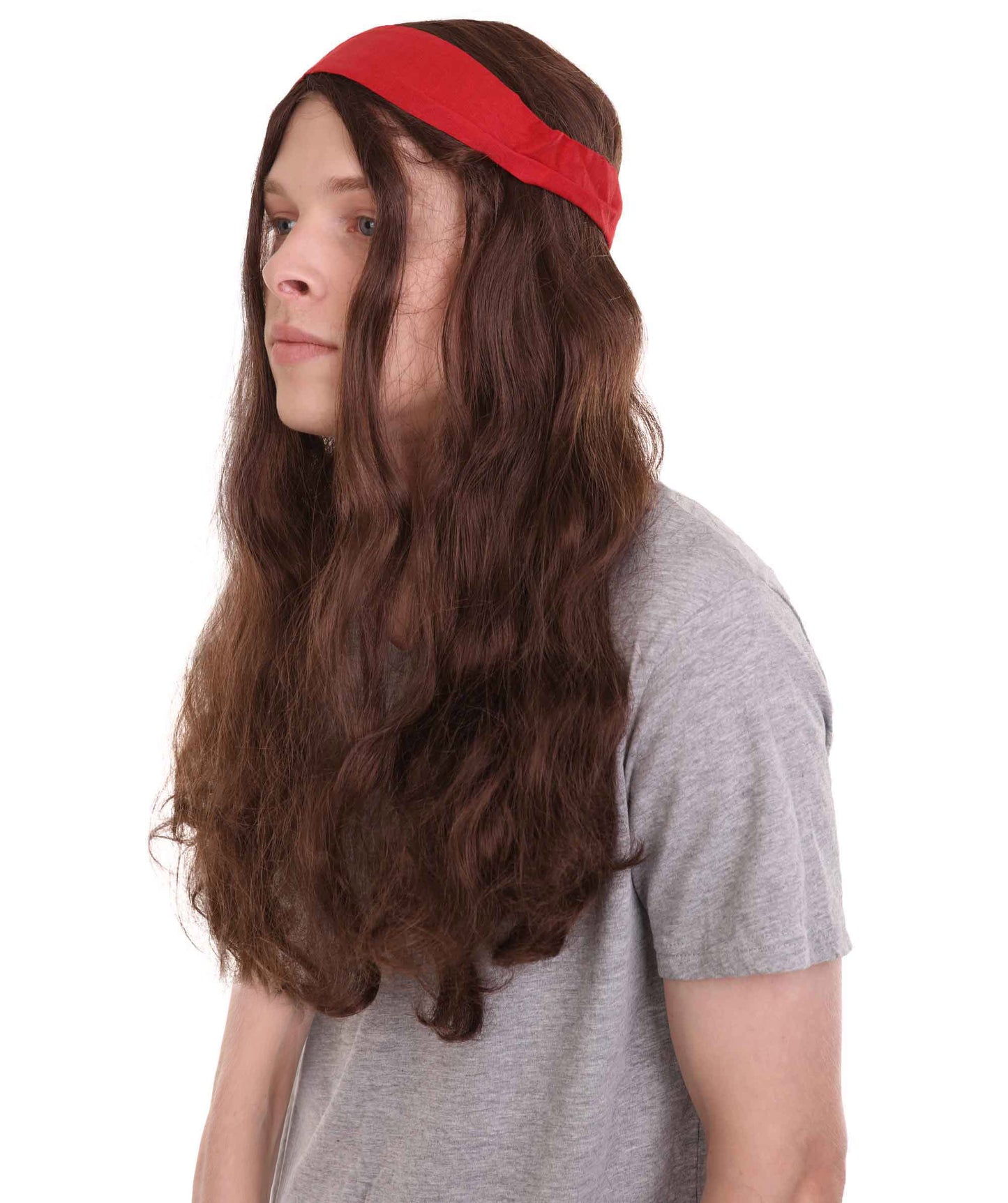 Pirate Mens Wig | Brown Wig With Red Ribbon | Premium Breathable Capless Cap