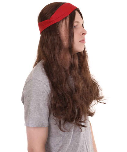 Pirate Mens Wig | Brown Wig With Red Ribbon | Premium Breathable Capless Cap