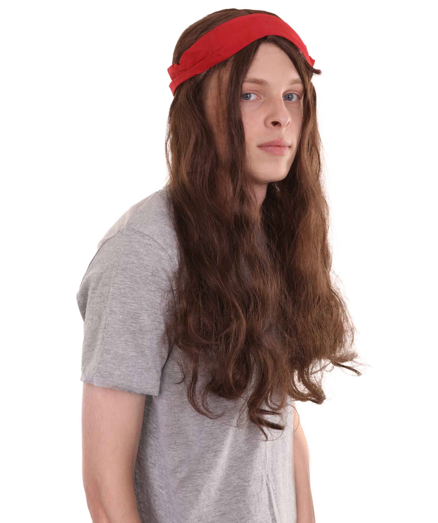 Pirate Mens Wig | Brown Wig With Red Ribbon | Premium Breathable Capless Cap