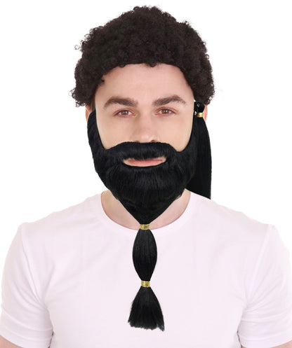 HPO Men's Theatrical Beard and Ponytail Wig Set | Black  full beard and long ponytail style | Ideal for party, Halloween, cosplay, theater, drag, performance, costume events