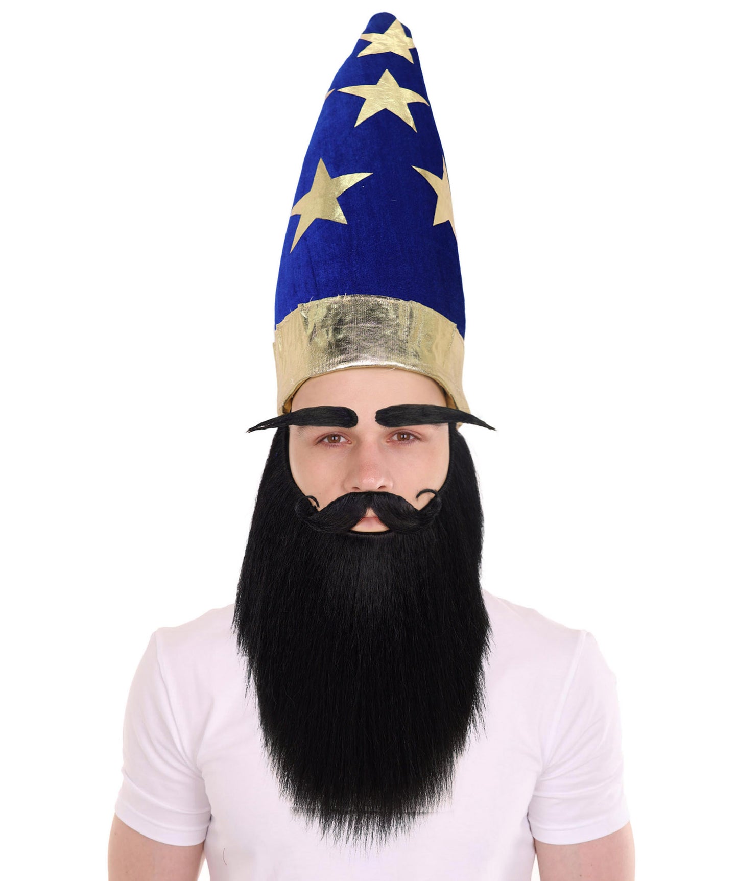 Adult Men’s Self-Adhesive Medieval King Long Black Beard & Mustache Set with Eyebrow | Majestic & Wizard Costume Facial Hair Kit| Flame-retardant Synthetic Fiber