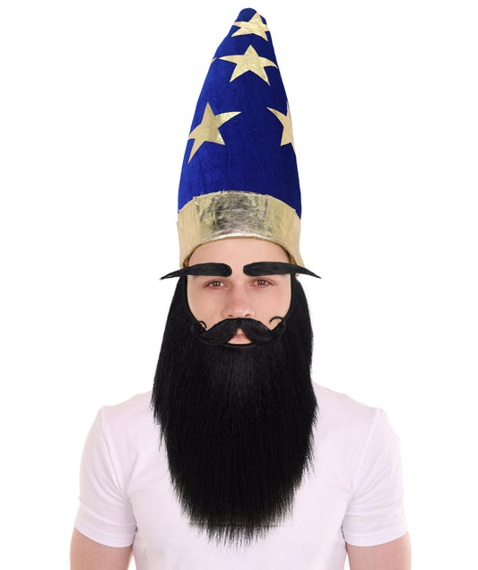 Adult Men’s Self-Adhesive Medieval King Long Black Beard & Mustache Set with Eyebrow | Majestic & Wizard Costume Facial Hair Kit| Flame-retardant Synthetic Fiber