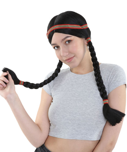 Native American Princess Womens Wig with Headband | Black Braided Halloween Wig | Premium Breathable Capless Cap