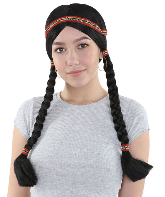 Native American Princess Womens Wig with Headband | Black Braided Halloween Wig | Premium Breathable Capless Cap