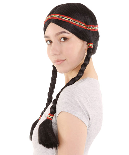 Native American Princess Womens Wig with Headband | Black Braided Halloween Wig | Premium Breathable Capless Cap