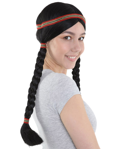 Native American Princess Womens Wig with Headband | Black Braided Halloween Wig | Premium Breathable Capless Cap