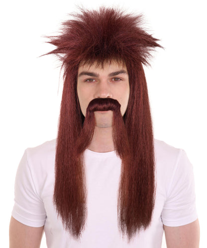 HPO Men's Long Mullet Hair Wig & Moustache Set – Retro Rocker Costume Accessory for Men