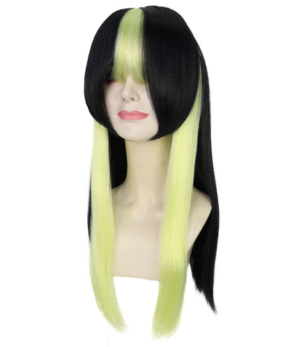 Women’s Straight Long Black & Green Anime Wig |  Hair with Twin Tails  | Ideal for Halloween | Breathable Capless Cap