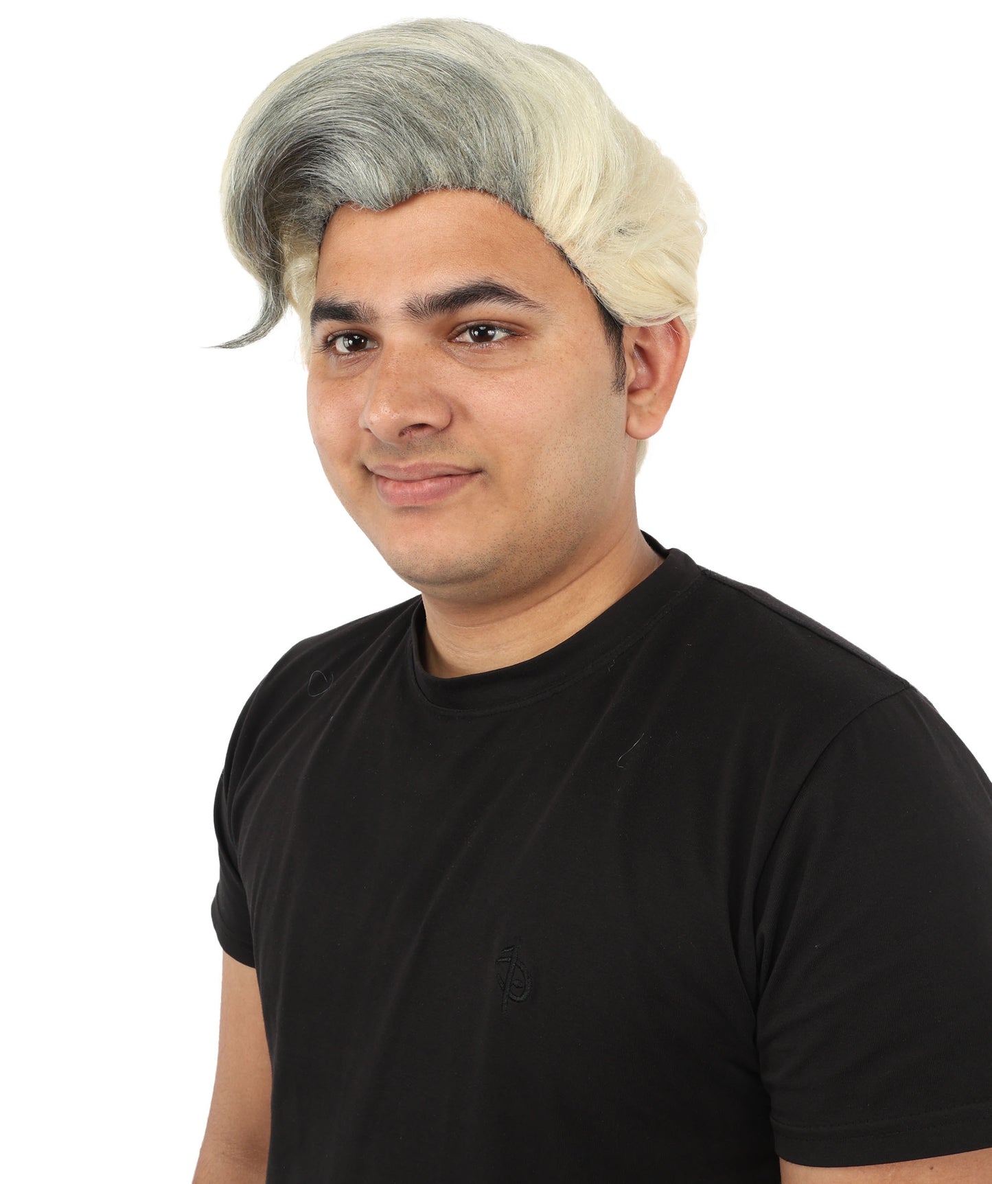 HPO Men's Sleek Updo Theatrical Wig | Icy silver tone, create of synthetic fiber, striking swept front volume, breathable base | Party, Halloween, theater, drag, performance, costume events
