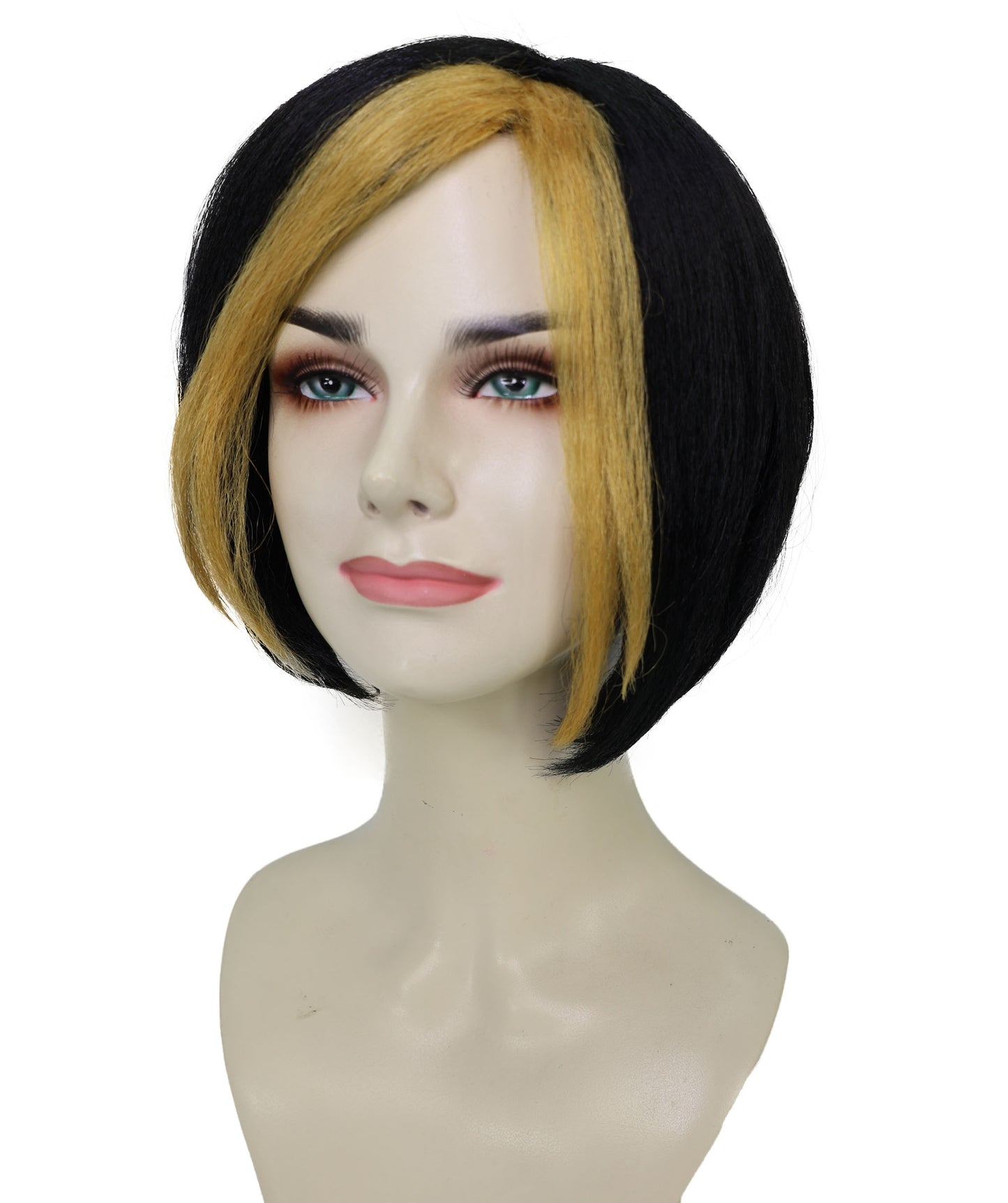 HPO Women's Shimmering Short Black Wig with Golden Highlights | Glam Supervillain-Inspired Hairpiece | For Cosplay, Halloween, Stage & Themed Events