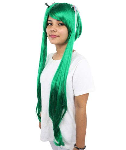 HPO Adult Women's Anime Wig with Long Ponytails | Vibrant Teal Synthetic Cosplay Hairpiece | Adjustable Breathable Cap for Halloween, Parties & Stage