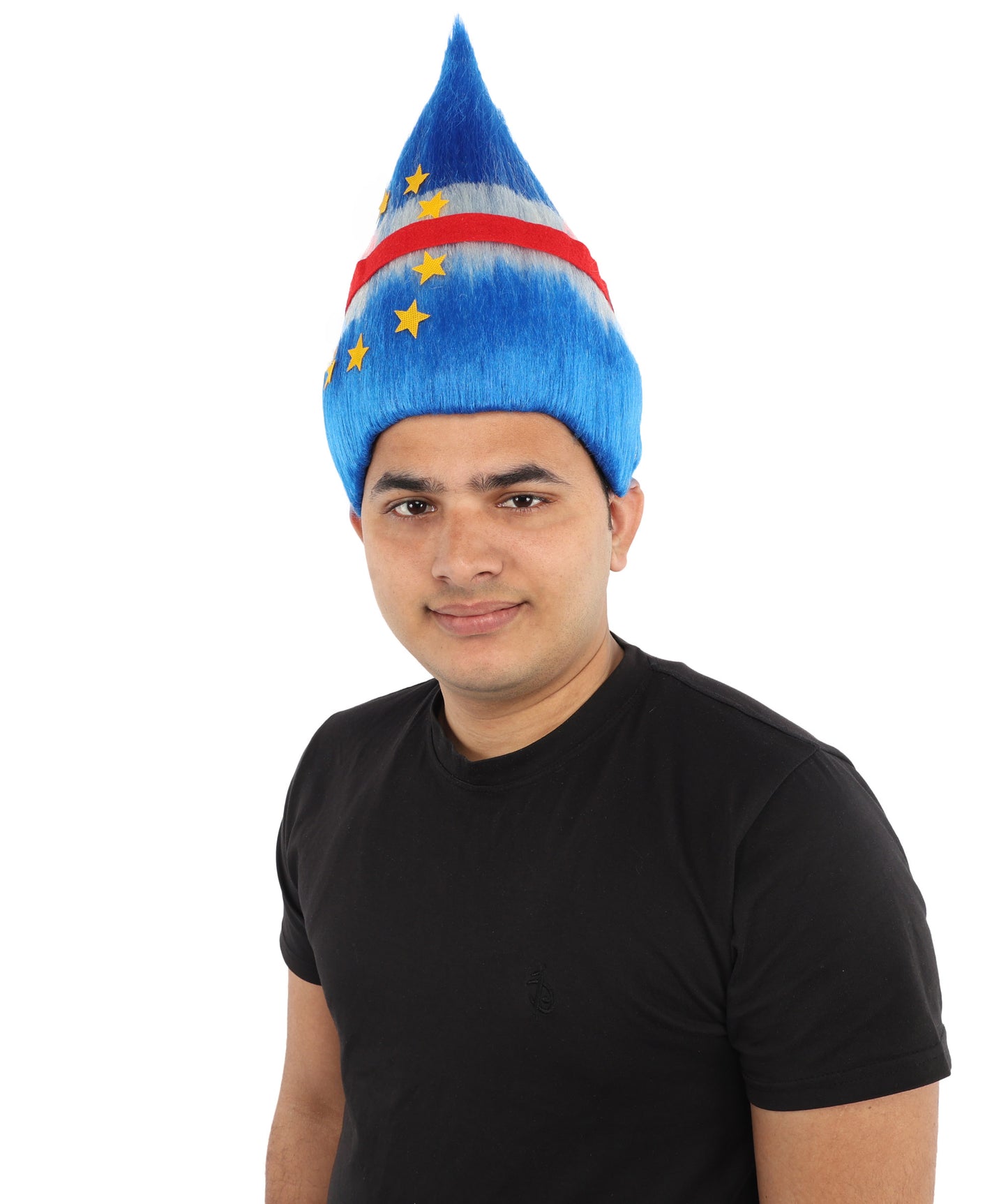 HPO Unisex Cabo Verde Sports Troll Wig – Spiky Fan Wig in National Colors for Patriotic Events and Football Matches | Synthetic Fiber Headpiece with Capless Cap