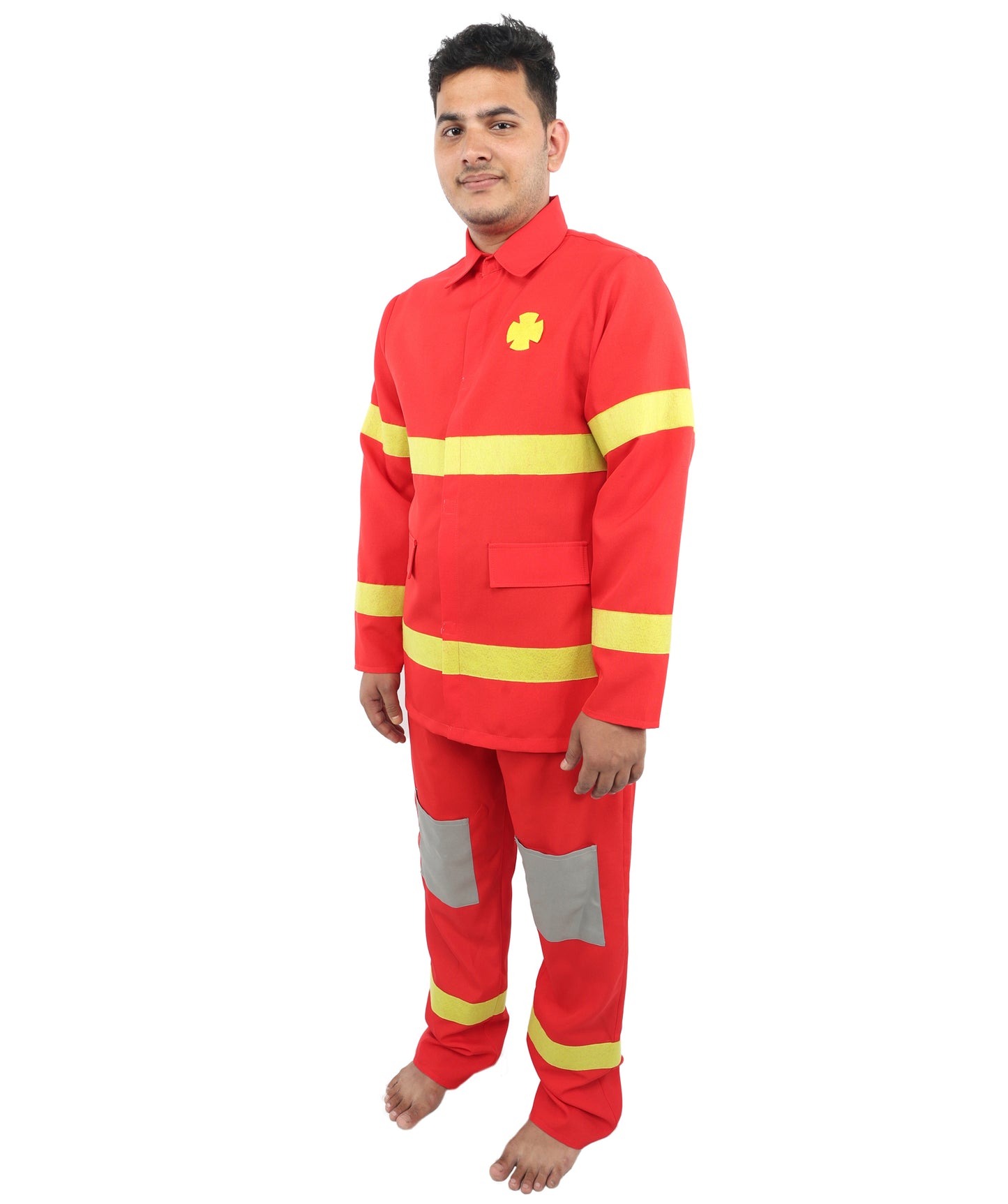 HPO Men’s Fire Rescue Style Red Costume | Halloween Emergency Theme Jacket and Trousers Set | Outfit Use for Parties & Events