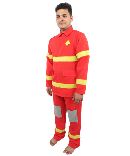 HPO Men’s Fire Rescue Style Red Costume | Halloween Emergency Theme Jacket and Trousers Set | Outfit Use for Parties & Events