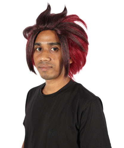 HPO Adult Men'S Short Layered Burgundy Cosplay Wig with Red Markings and Earrings | Anime-Inspired Hair with Cap and Bonus Sticker