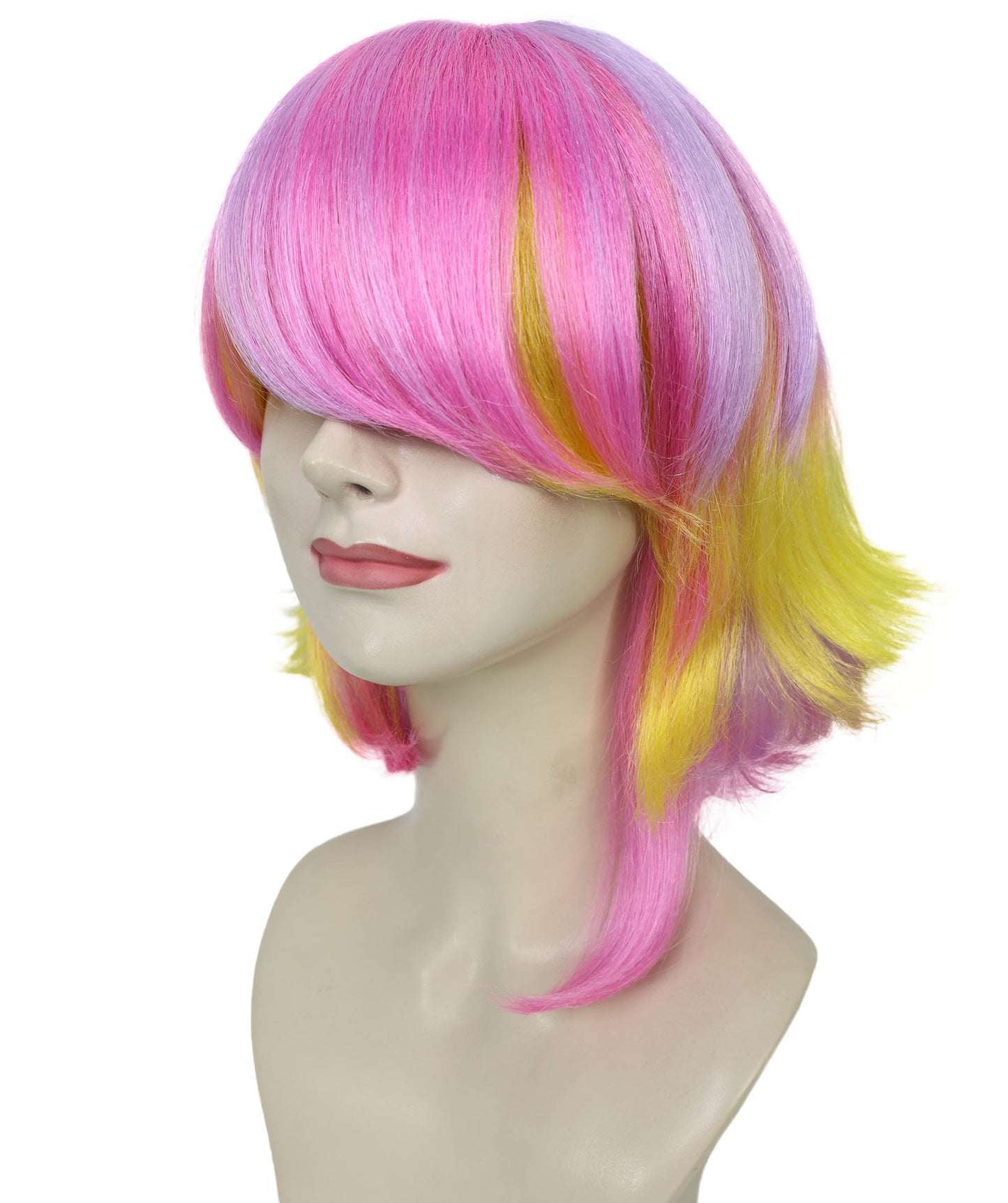 HPO Adult Women’s Pastel Pink and Yellow Gradient Short Layered Bob Cut Wig | Flame-retardant Synthetic Fiber | Flipped Ends Wig for Halloween and Cosplay