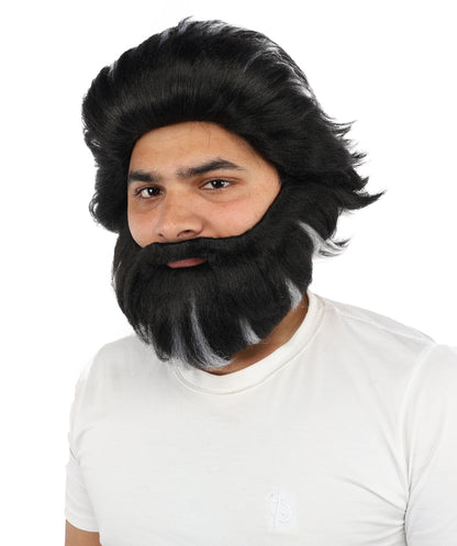 HPO Men’s Medium Length Black & White Wig and Beard Set – 11 Inch Synthetic Hairpiece with Capless Cap Design | Ideal for Halloween , Stage & Costume Use