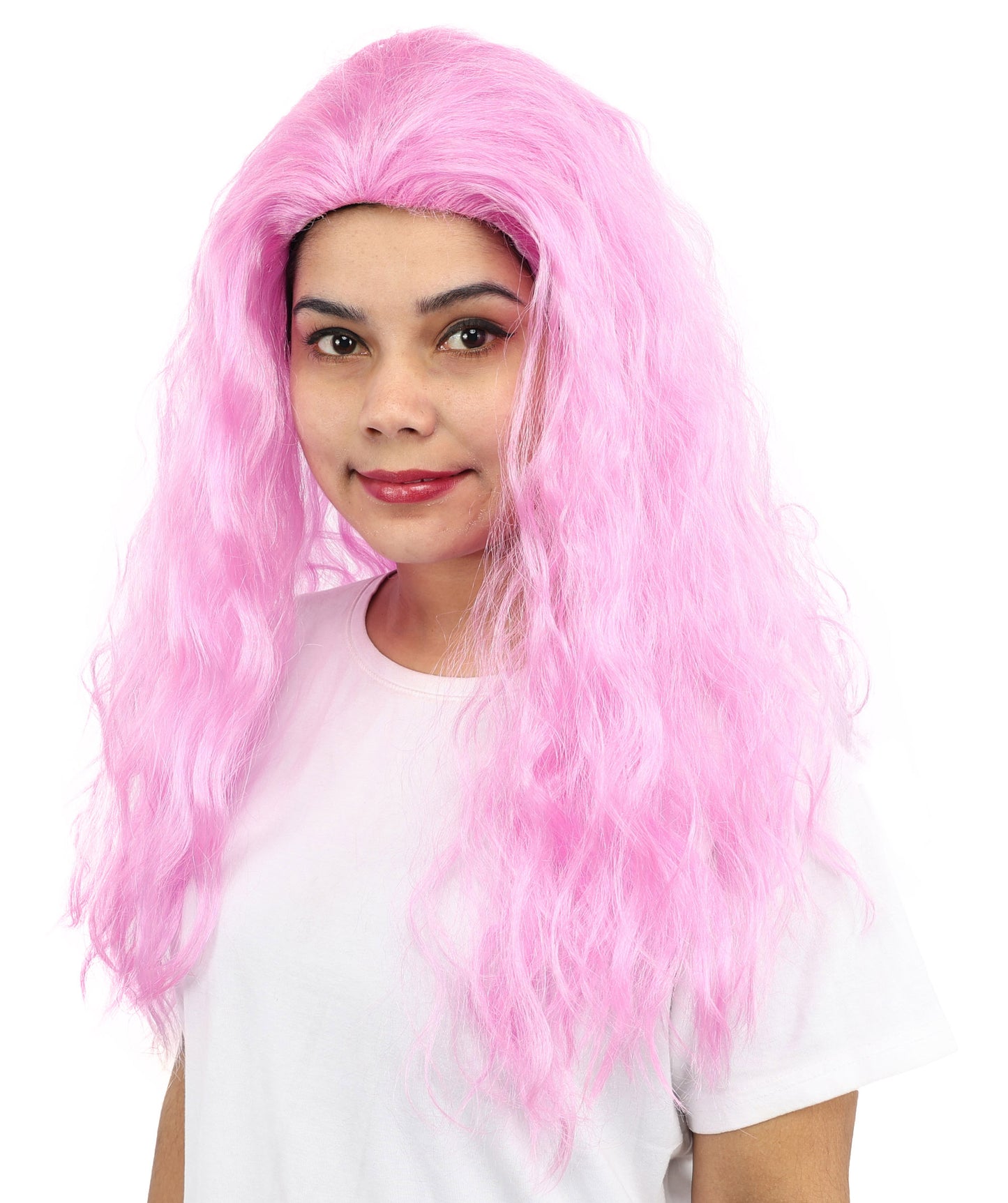 HPO Women’s Pink Long Wavy Wig | 25 Inch Long Hair with Capless Cap Design | Ideal for Playful at Halloween Cosplay, and Themed Parties