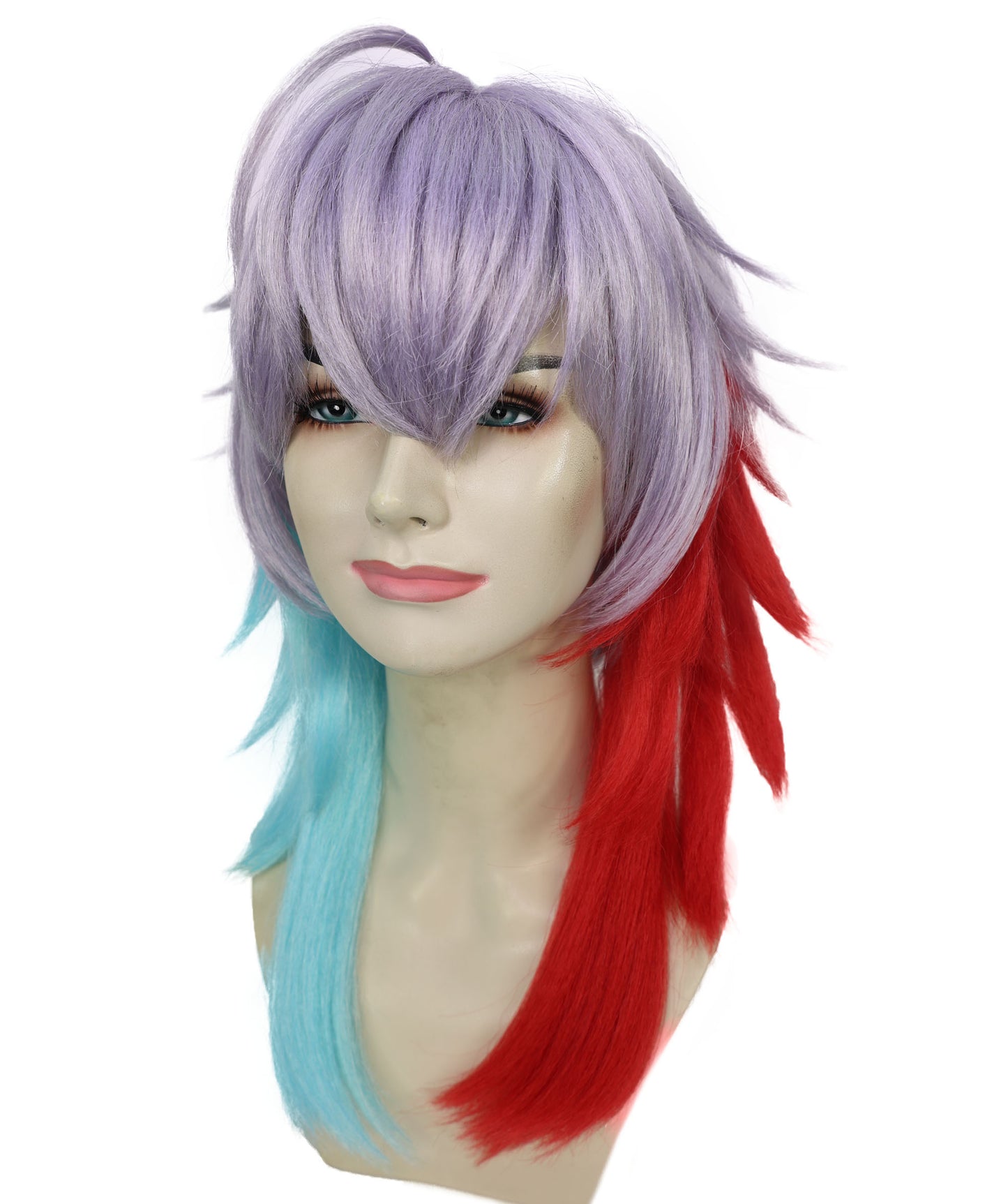 HPO Adult Women’s Anime-Inspired Gradient Cosplay Wig | Two-Tone Red & Blue Ombre Tips with Layered Silver Base | Ideal for Halloween and Cosplay