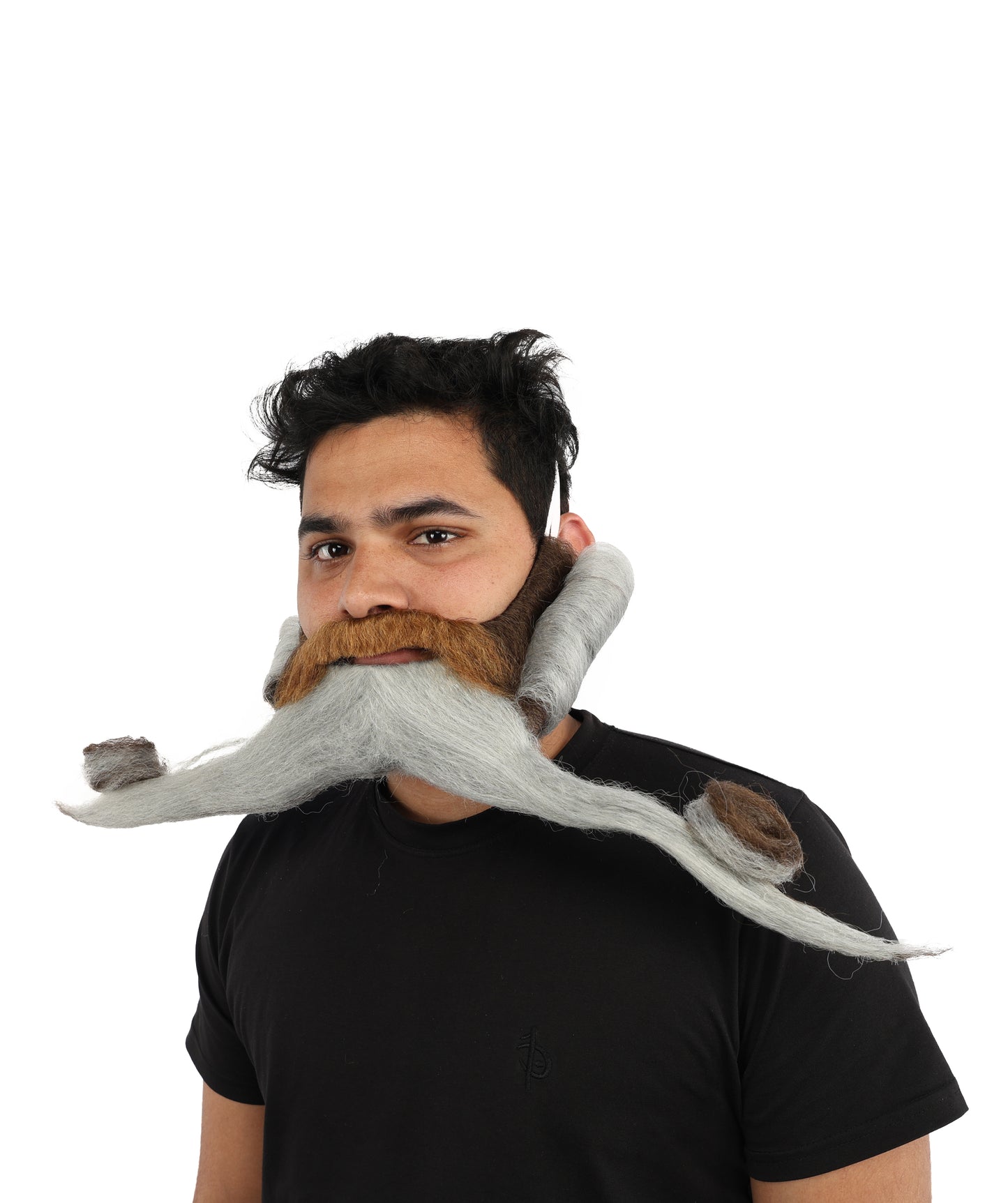 HPO Men's Classic Grey Handlebar Beard & Moustache with Long Curled Ends | Lightweight Fake Facial Hair | Synthetic Fiber Costume Facial Hair