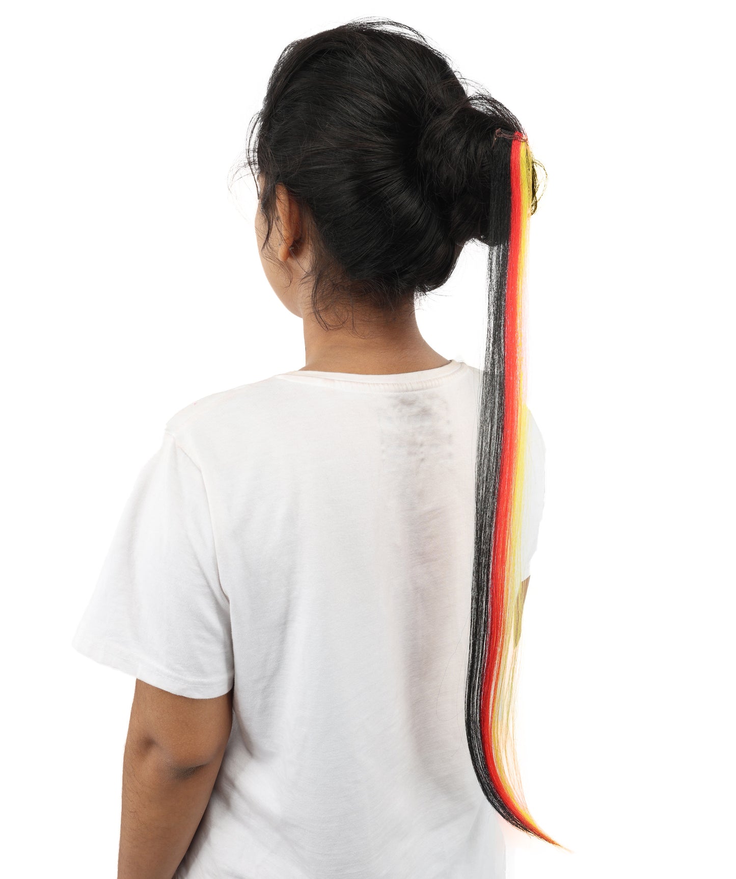 HPO Women's German Clip-in Hair Extension | Sleek straight red, black and yellow synthetic fibers featuring a secure snap attachment | Ideal for party, Halloween, cosplay, theater, drag, performance, costume events