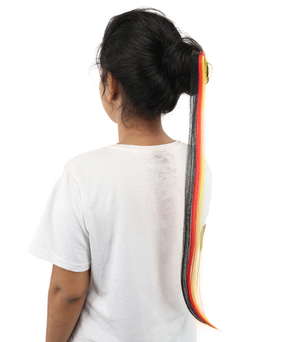 HPO Women's German Clip-in Hair Extension | Sleek straight red, black and yellow synthetic fibers featuring a secure snap attachment | Ideal for party, Halloween, cosplay, theater, drag, performance, costume events