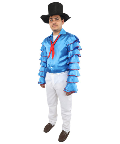 HPO Men's Rhythmic Multicolor Uniform Costume | Tiered Ruffle Satin Sleeves with Contrast Neck Tie and White Trousers | Ideal for Cosplay, Halloween, Drag, and Latin Dance Performance Events
