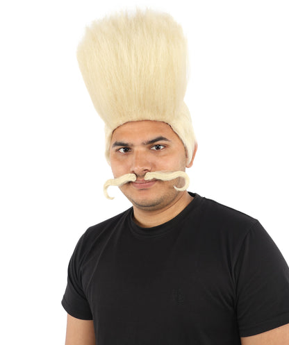 HPO Adult Men's Tall Flat Top Wig and Mustache | Vertical Dark Pompadour with Long Handlebar Facial Hair, Synthetic Fiber & Breathable Net | Halloween, Carnival, Stage Performance & Roleplay
