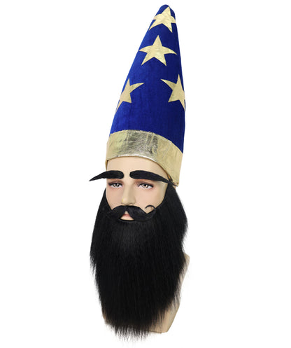 Adult Men’s Self-Adhesive Medieval King Long Black Beard & Mustache Set with Eyebrow | Majestic & Wizard Costume Facial Hair Kit| Flame-retardant Synthetic Fiber