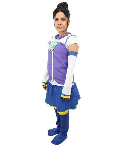 HPO Japanese Anime Fantasy Outfit | Vibrant Purple and Blue Ronior Jersey with Dress, Leg Socks, Bow, and Hand Gloves | Ideal for Cosplay, Halloween, and Performance