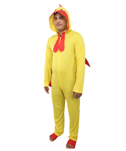 HPO Men’s Chicken Yellow & Red Costume – Soft Plush Feather One Piece Suit with Headpiece | Creature Outfit for Theme Nights & Parites