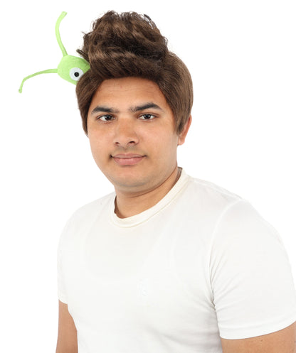 HPO Men's Brain Slug Orange Wig | Medium Spiked Synthetic Hair with Attached Green Alien Plush and Messy Texture | Sci-Fi Cosplay, Halloween, Cartoon Theme Party, and Funny Costume Accessories