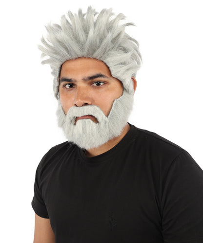 HPO Men’s Animated Genius Spiky Wig Beard & Mustache Set  – Wild Mad Scientist Pointed Beard & Curled Mustache Combo | Ideal for Animated Cosplay, Halloween Parties & Events