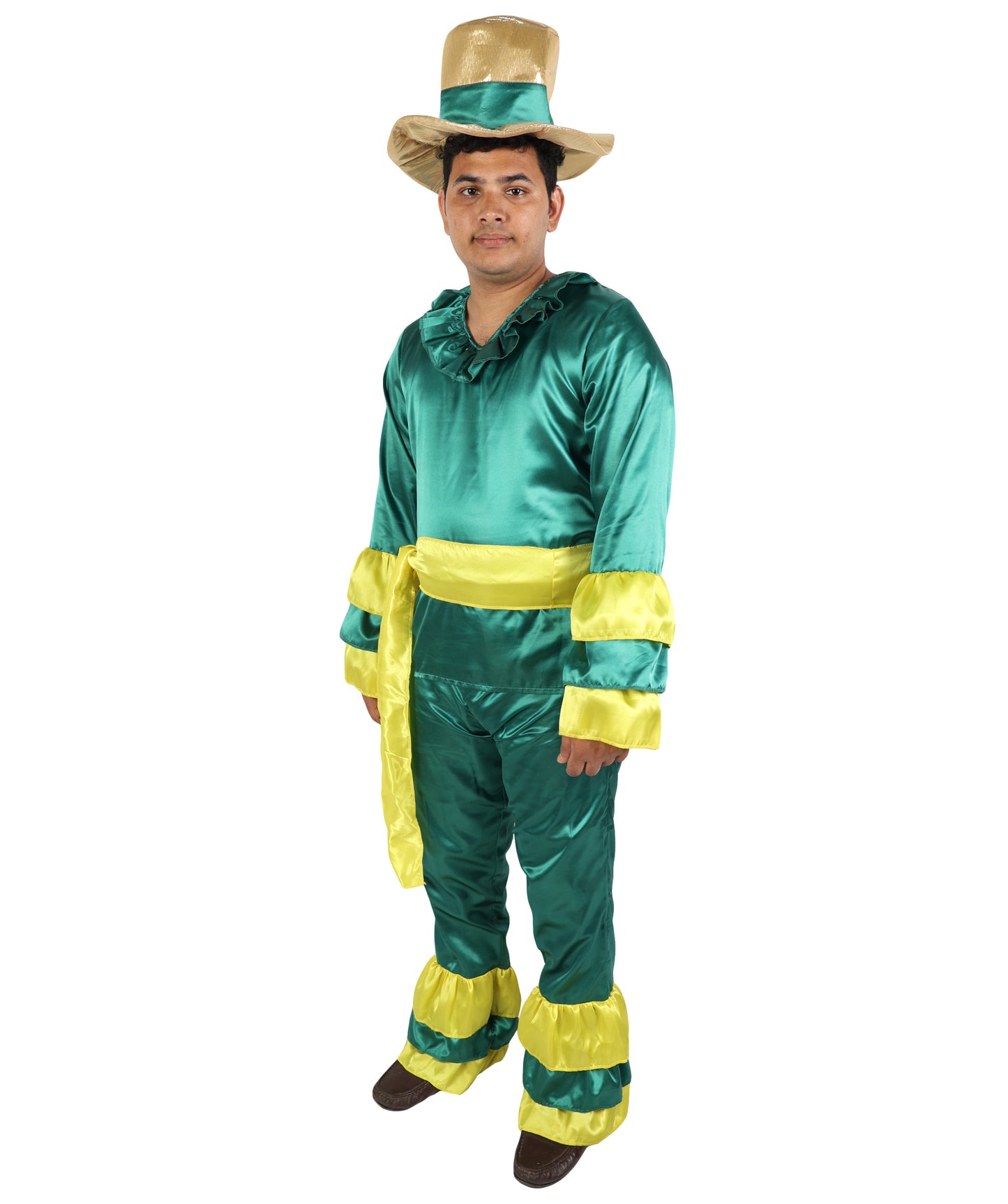 HPO Men's Rumba Dancer Costume | Vibrant Green and Yellow Tiered Ruffle Tunic Flared Jumpsuit Matching Straw Hat | Halloween Cosplay Theater Drag Performance Costume Events