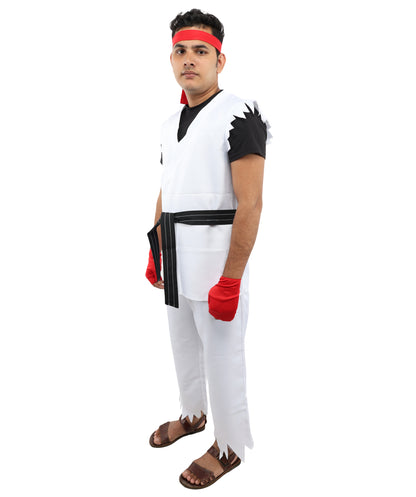 HPO Men's Martial Arts Fighter Outfit | White GI Costume with Body, Pant, Belt, Gloves, Headband | Video Game Fighter costume For Cosplay & Themed Battle Events