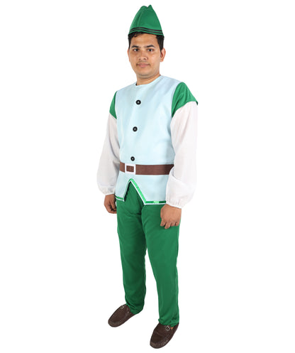 HPO  Men's Fairytale Dwarf Costume | Woodland Gnome Light Blue Vest Top Green Pants Set Pointed Hat Fake Beard | Halloween Cosplay Theater Drag Performance Costume Events