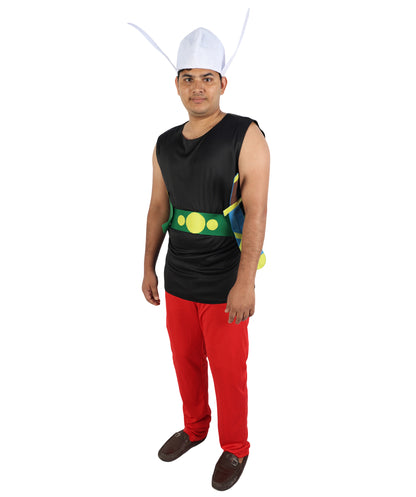 HPO Men's Gaulish Warrior Multicolor Costume | Sleeveless Black Vest Top Bright Red Trousers Winged Helmet Novelty | Halloween Cosplay Theater Drag Performance Costume Events