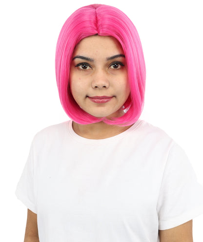 HPO Women’s Straight Pink Bob Wig – 10 Inch Chin-Length with Middle Part | Flame-retardant Synthetic Fiber for Halloween, Cosplay, Party & Festival Use