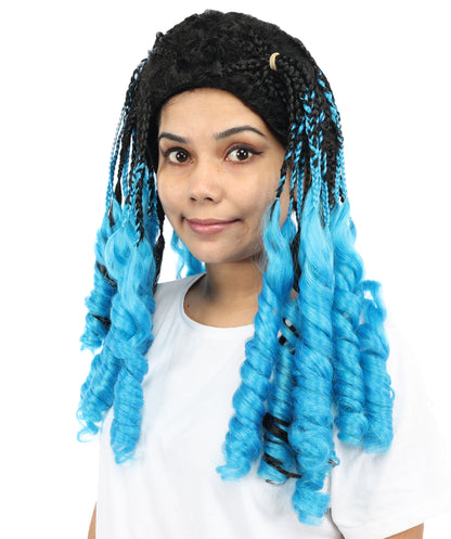 HPO Women’s Long Ombre Blue & Black Braided Wig | Gradient Synthetic Braids for Cosplay & Halloween | Lightweight Capless Cap Design