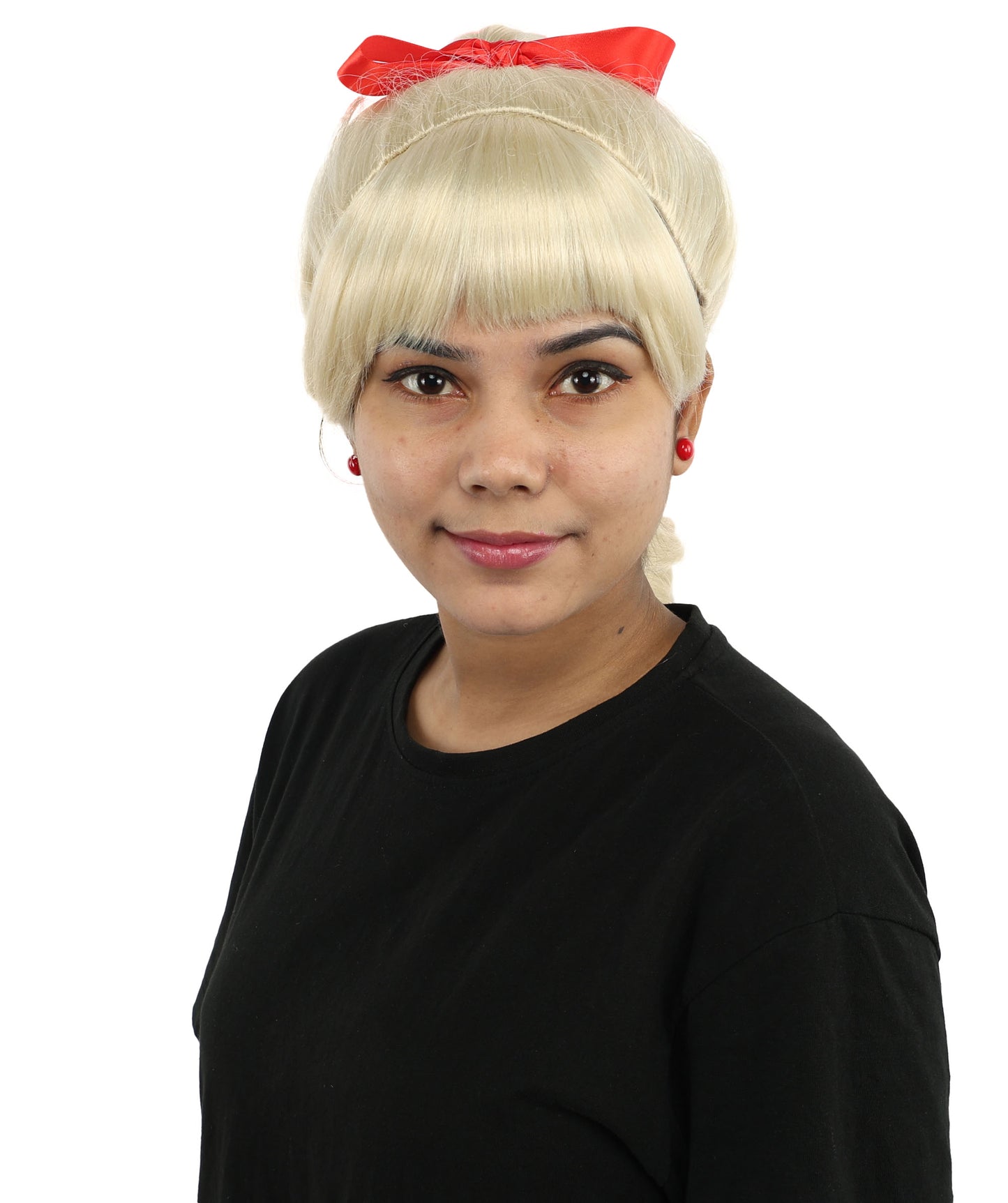 HPO Women's Spiral Ponytail Wig | Multicolor Options | High Updo with Red Ribbon Bow & Bangs, Heat Friendly Synthetic Fiber & Breathable Cap | Halloween, Christmas Event, Themed Party, Theater & Roleplay