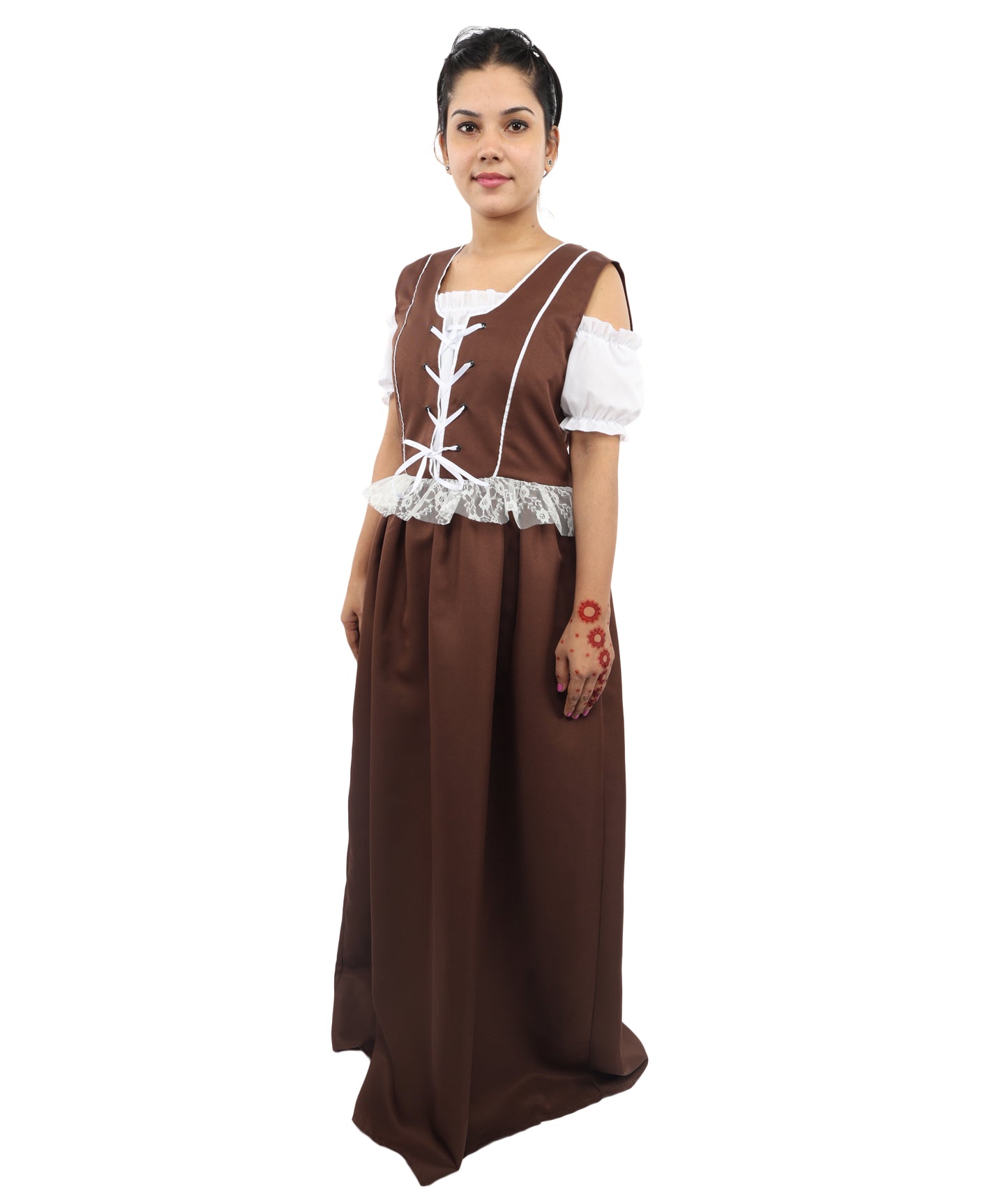 HPO Women’s German Long Dirndl Brown & White Costume – Traditional Bavarian Oktoberfest Dress