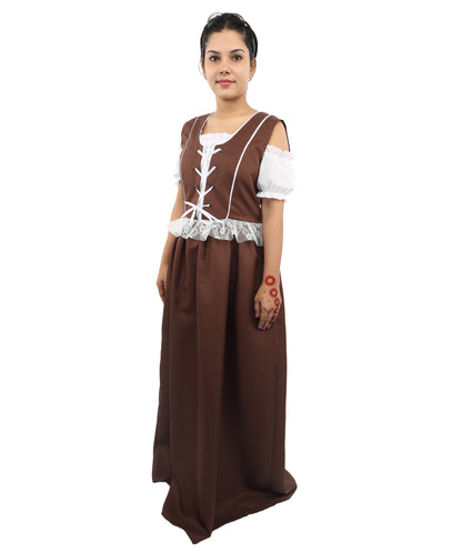 HPO Women’s German Long Dirndl Brown & White Costume – Traditional Bavarian Oktoberfest Dress