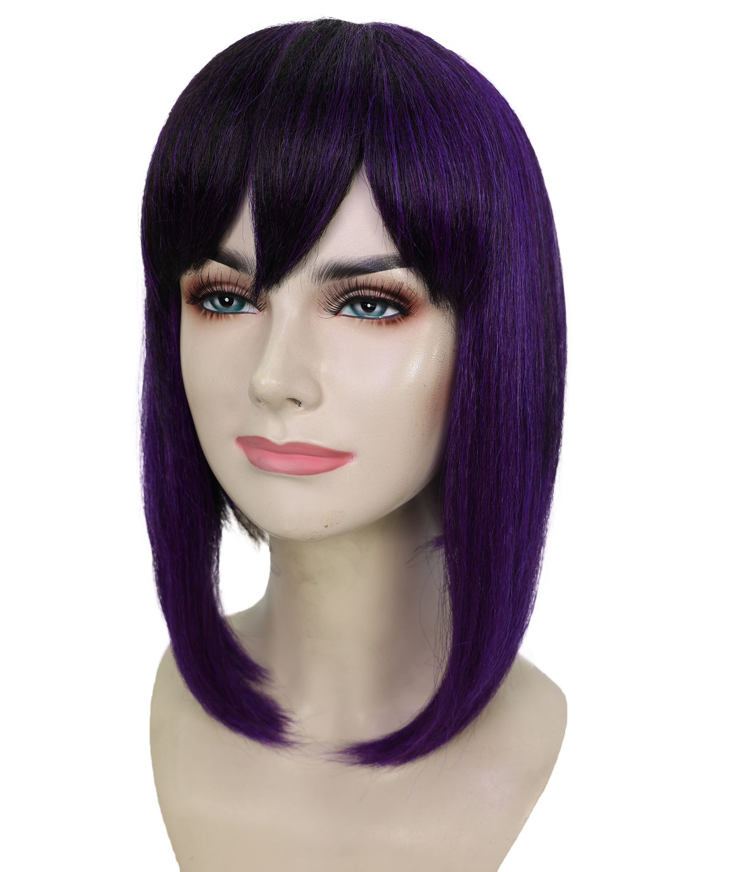 HPO Adult Women’s Anime-Inspired Medium Black Purple Bob Wig with Side Fringe | Straight Synthetic Cosplay Hair | Breathable Capless Cap Design
