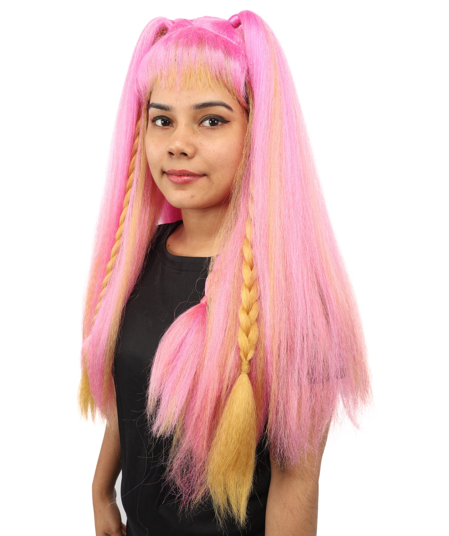 HPO Women's Pastel Candy Fantasy Wig | Pink and yellow gradient hues, create of synthetic fiber, long crimped texture with blunt bangs, breathable base | Party, Halloween, theater, drag, performance, costume events