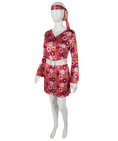 HPO Adult 60s Inspired Girl Dress with Headband & Belt | Swing Vintage Costume Outfit | Lightweight, Comfortable for Halloween, Cosplay, Parties & Stage